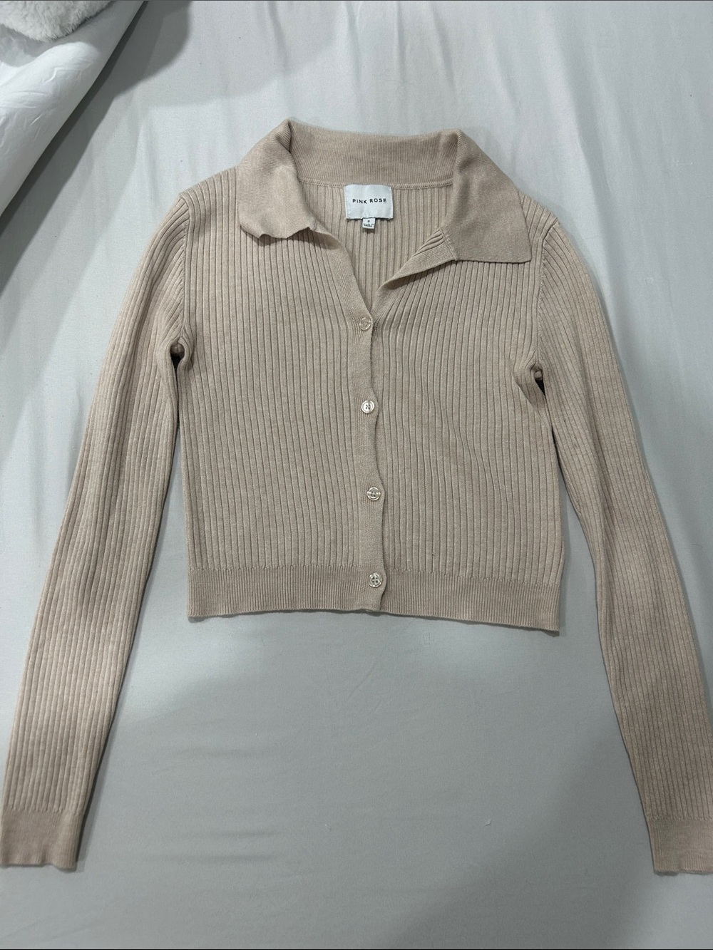 Pink Rose Beige Ribbed Cardigan